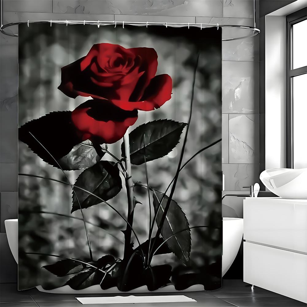Red Rose Shower Curtain, Bathroom Decorative Shower Curtain, Waterproof Shower Curtain with Hooks