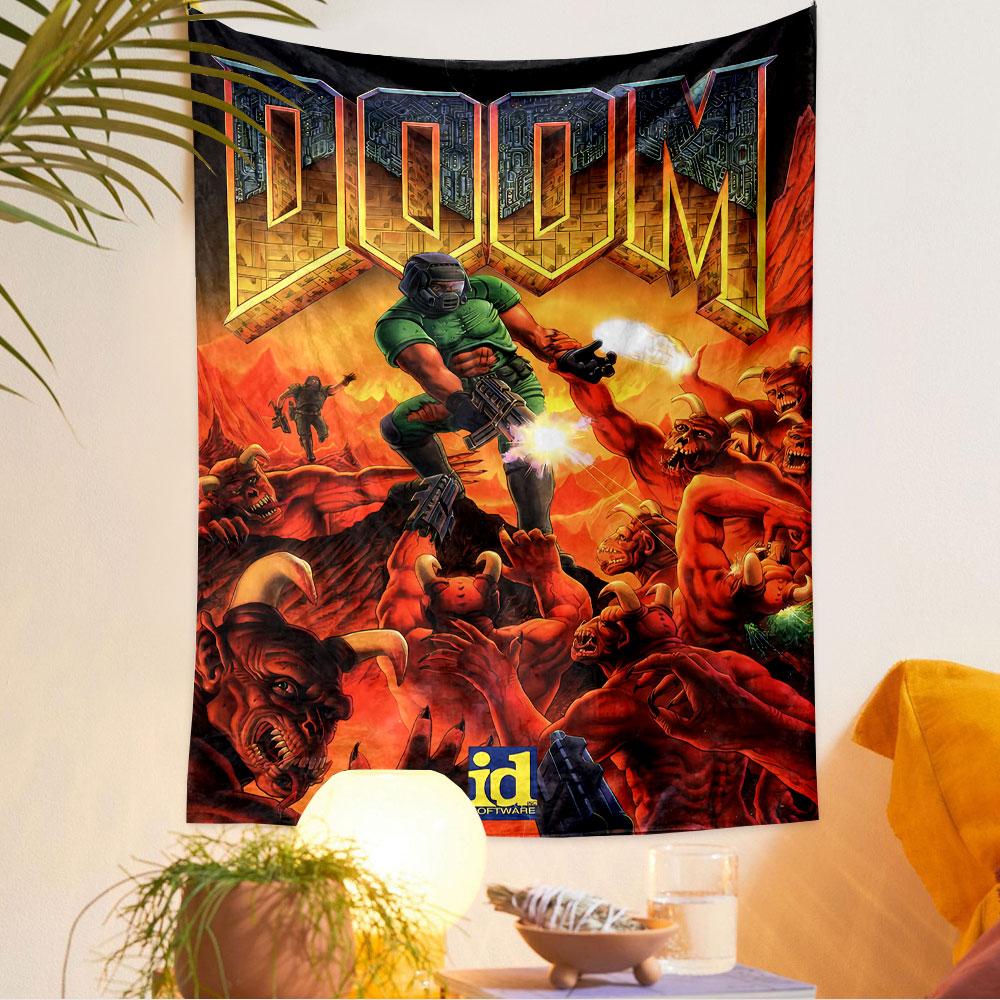 Гобелен Doom для стены, Классическое игровое искусство FPS, Декор стены для геймера в спальне, гостиной, общежитии