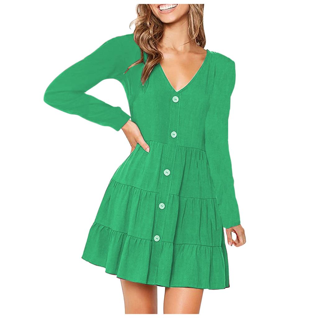 Women's Casual Button Down Long Sleeve V Neck Flowy Loose Fit Swing Cute Short  Dress