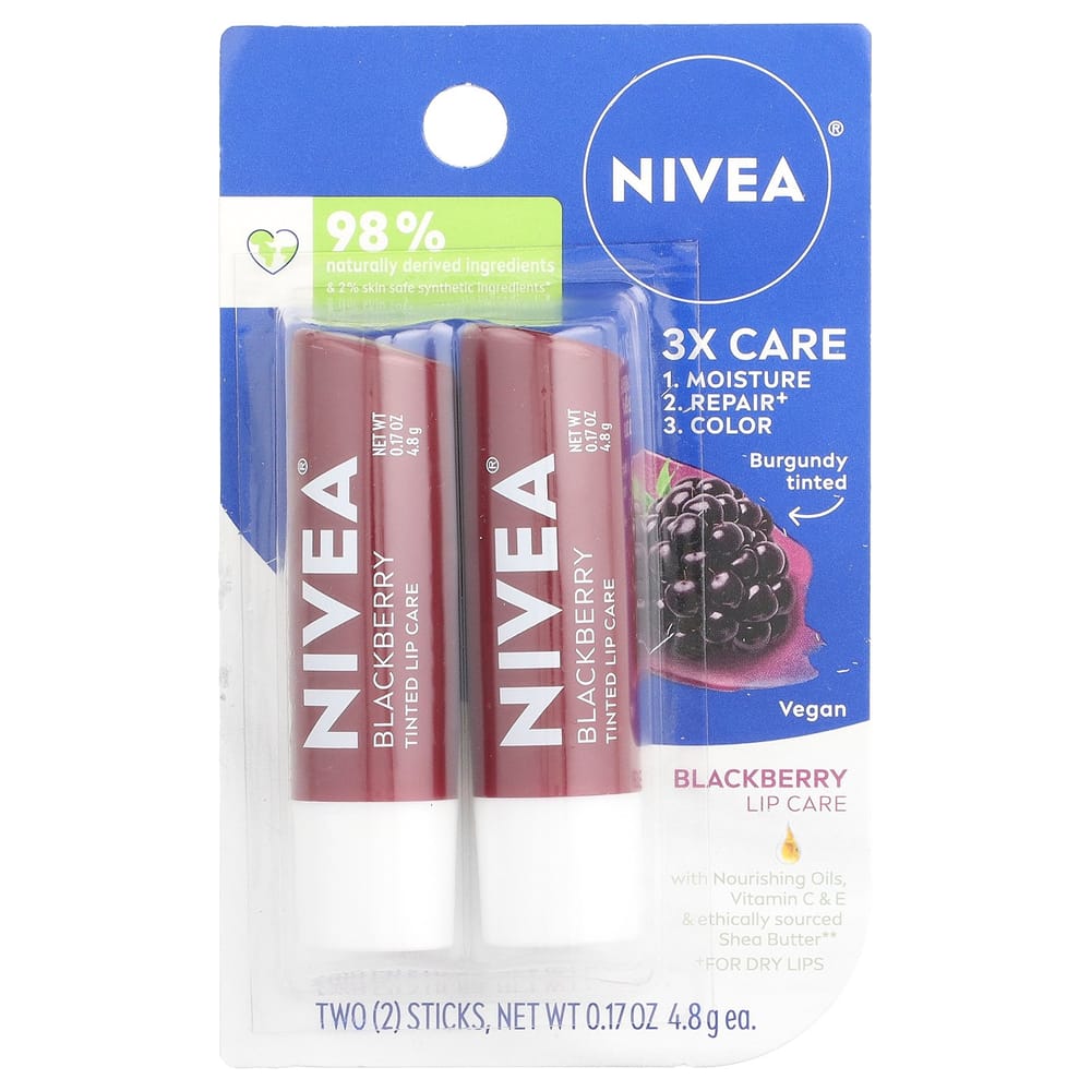 Nivea Бальзам для губ с оттенком, Ежевика, 2 шт. x 4,8 г (0,17 унции)