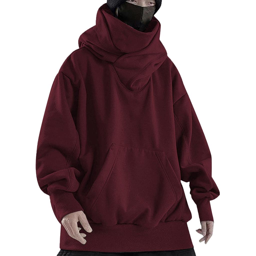 Мужская однотонная винтажная свободная толстовка-пуловер с капюшоном и высоким воротом в стиле хип-хоп