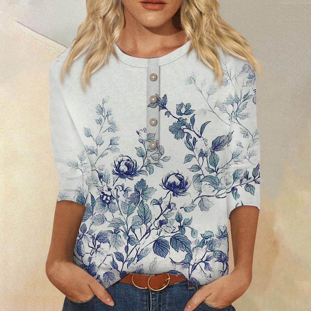 Women's Fashion Casual 3/4 Sleeve Floral Button Printed Round Neck Pullover Top Casual Clothing