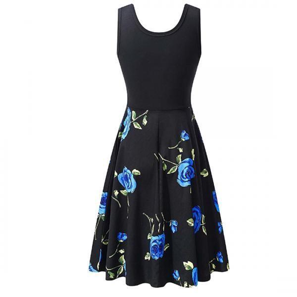 Womens Retro Floral Print Sleeveless Cotton Dress With Round Neck For Summer Vintage Style