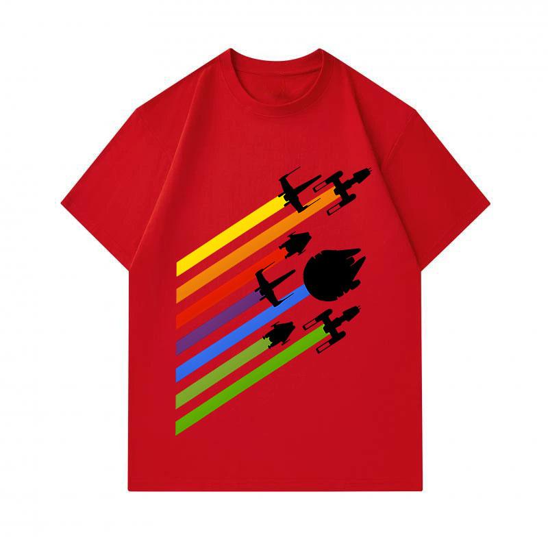 Men's 100% Cotton Crew Neck Short Sleeve T-Shirt, Retro Rainbow Space Starfighter Print Casual Comfortable Daily Wear Tee for Sci-Fi Lovers