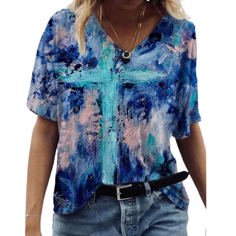 Summer V-neck 3D Abstract Printed Top Fashionable Casual Short Sleeved Women's T-shirts