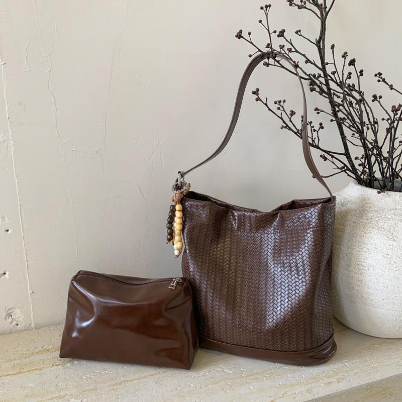 IELGY Ladies Messenger Bag Woven Pattern Bucket Bag Solid Color All-Match One Shoulder