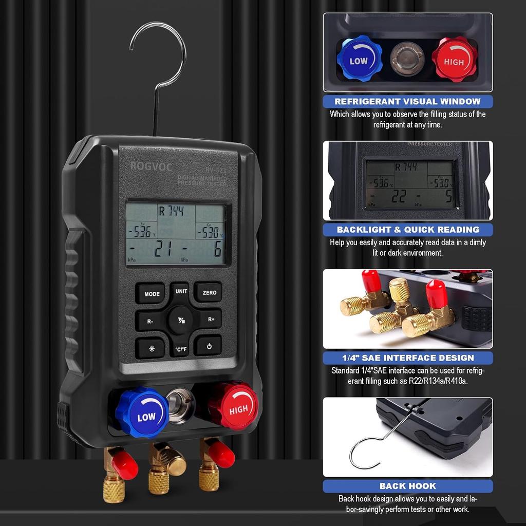 Digital Manifold Gauge HVAC Refrigerant Digital AC Gauge Set with 2 Thermometer Clamps for R22/R410A/R134A/1234YF Charging Kit
