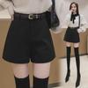 Women's Black Woolen High-Waisted Wide-Leg Shorts for Autumn/Winter 2023