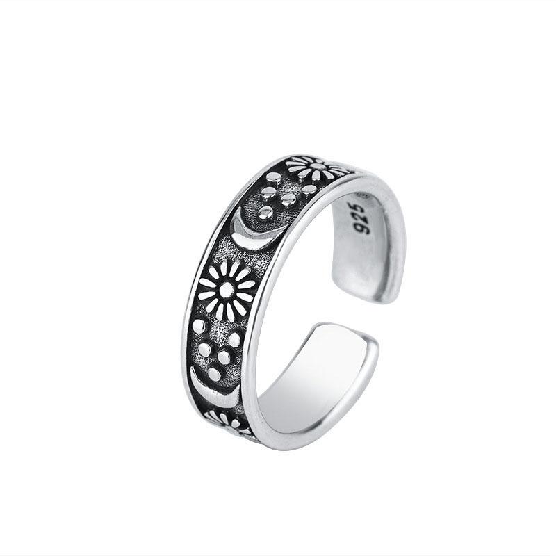 Foxanry Sun Moon Flower Open Ring for Women New Fashion Vintage Creative Design Daily Wear Jewelry Accessories Gifts