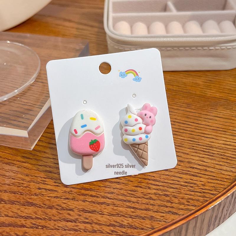 Японские серьги в виде кролика, медведя и клубники в пастельных тонах с серебряными штифтами