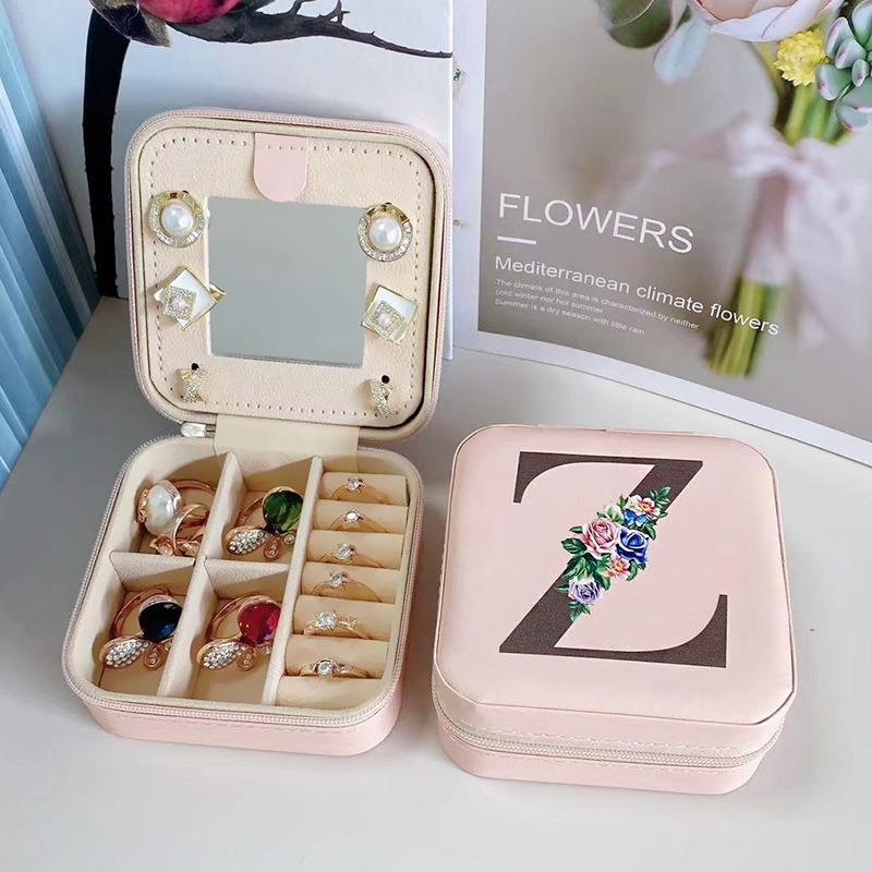 PU Jewelry Box Storage Mirror Box 26 Printed Letter Jewelry Box Portable Jewelry Storage Box Earring Ring Box