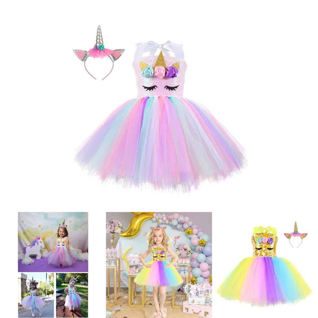 Косплей Платье Единорога для Девочек с Радужным Узором для Вечеринки на Хэллоуин