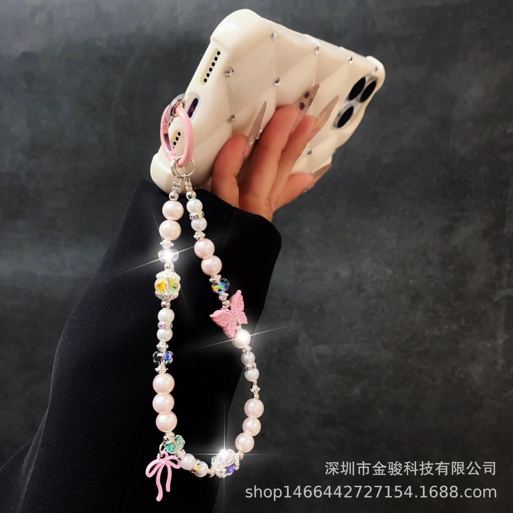 Ins Style Alloy Butterfly Phone Chain Rope Handmade Beaded Hanging Chain Pearl Keychain Bag Hanging Rope Pendant Rope Accessories