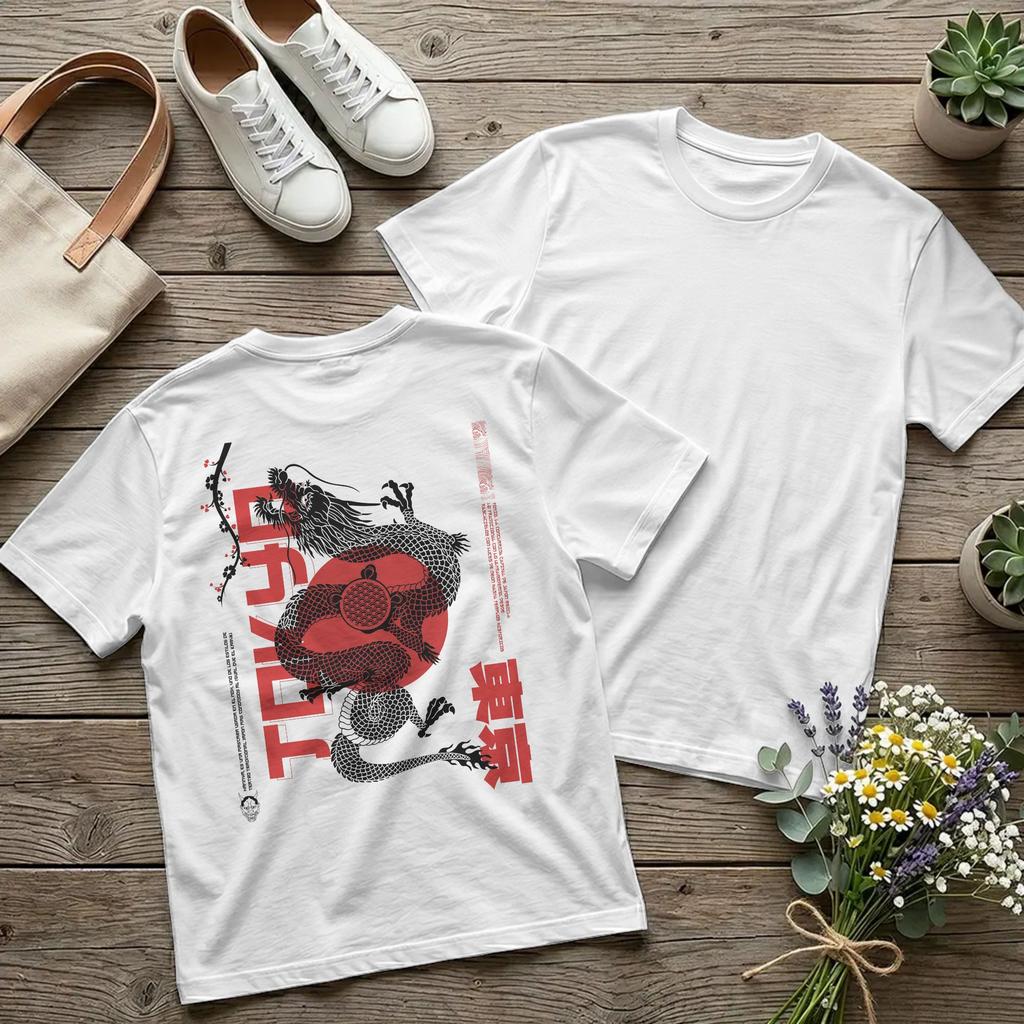 Backprint Unisex TShirts DragonWorld Japanese Style Novelty Cotton Tee Short Sleeve Tokyo Ink Art T Shirt Crewneck Plus Size