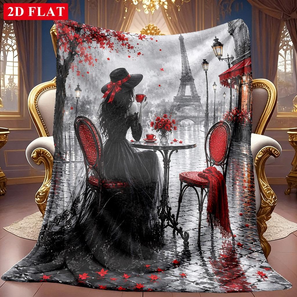 1pc 2D Paris Rainy Cafe Black Dress Red Additions Women'S Theme Pattern Flannel Blanket, Soft HD Digital Print, Cooling Blanket All-Season Use! Soft A