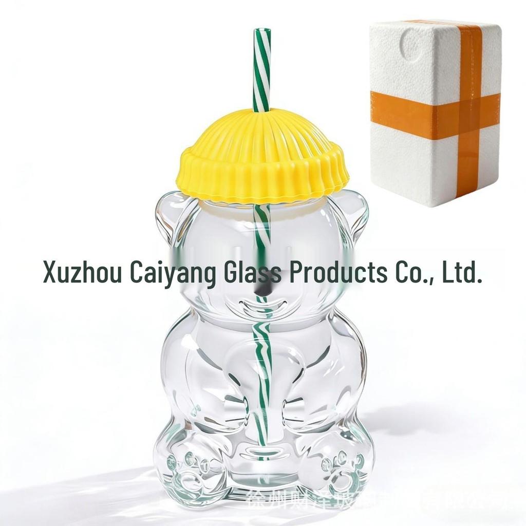 Teddy Bear Cartoon Glass Straw Cup - Cute Christmas Edition