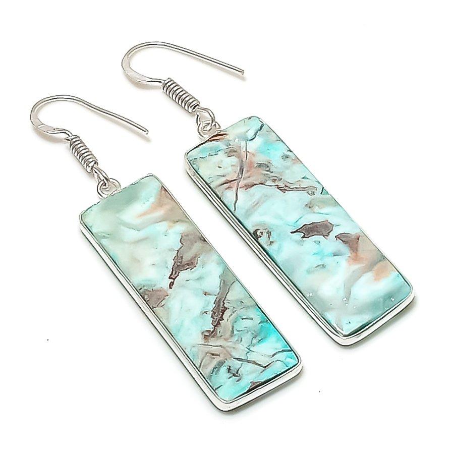 Натуральный Агат Кружевной Камень Ручная Работа Серьга из Стерлингового Серебра 925 пробы 2.25" AE-11600