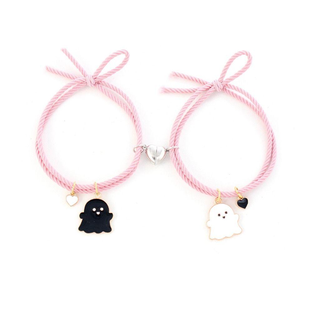 Cute Cartoon Halloween Couple Bracelets Black White Ghost Pendant Leather String Bracelet Couple