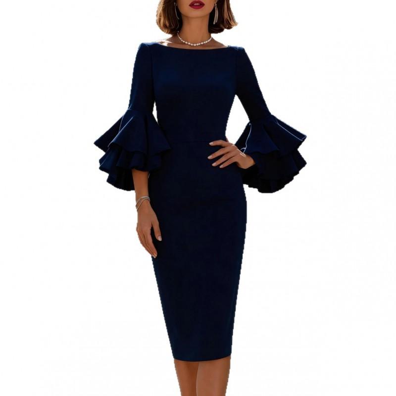 Elegant Slim Fit Wrap-Style Peplum Sleeve Sheath Dress Women 2026 Office Chic