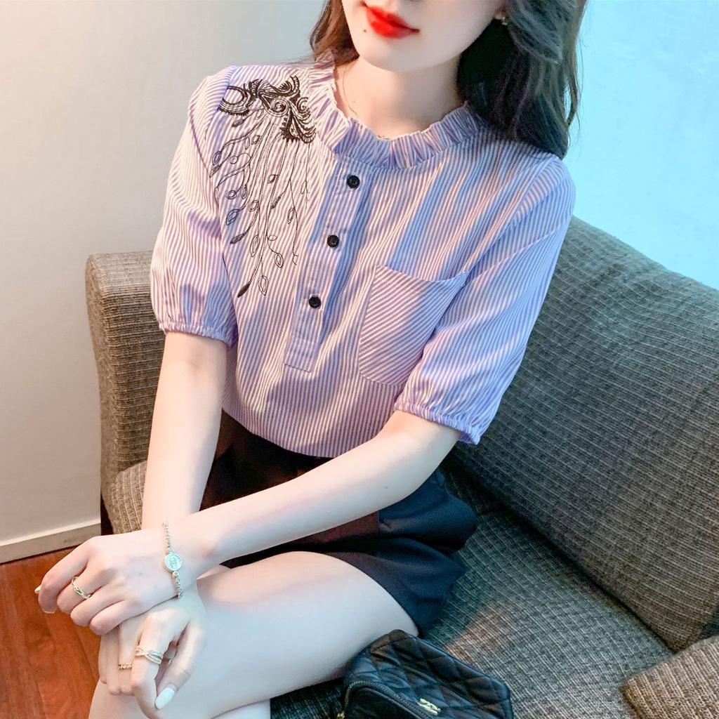 Синяя полосатая шифоновая рубашка с вышивкой, женская летняя новая блузка с воротником-стойкой и короткими рукавами, модный повседневный топ