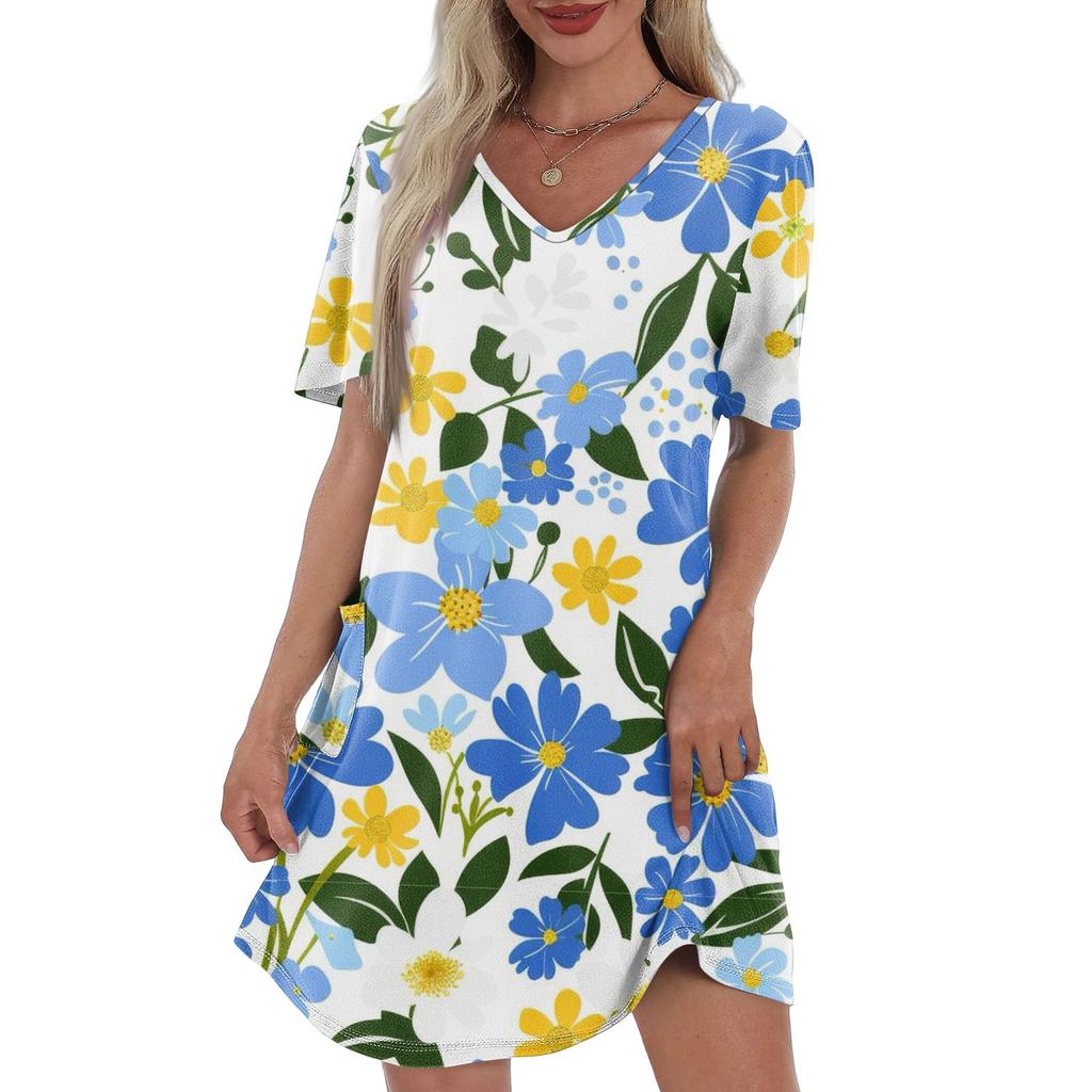 Women's Summer Fashion Casual V-Neck Floral Print Short Sleeve Pocket Dress