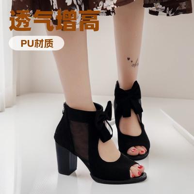 Босоножки с открытым носком 2025 лето новая толстая подошва бант сандалии римская сетка полые высокий каблук женская обувь