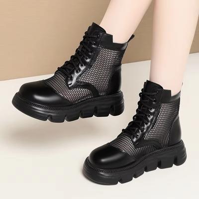 5 см Дышащие Удобные Толстая Подошва Обувь на Плоской Платформе Женские Ботильоны Летние 2025 Вырезы Сетка Кожаные Ботинки Офис Мама