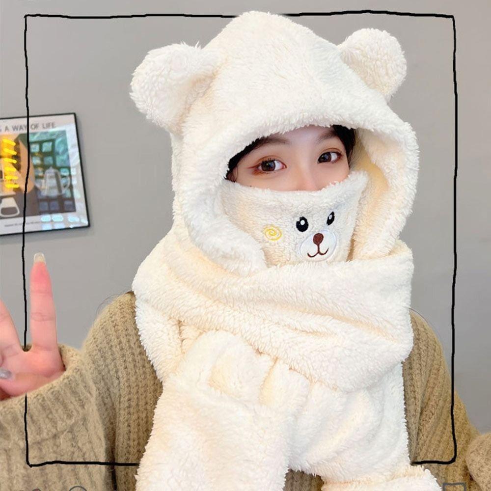 Warm Bear Ear Beanies Cap Solid Color Ski Hat Sweet Scarf Gloves Set Women