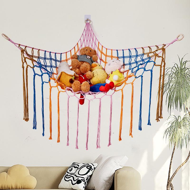 Handmade Cotton Rope Toy Storage Corner Net with Colorful Tassels