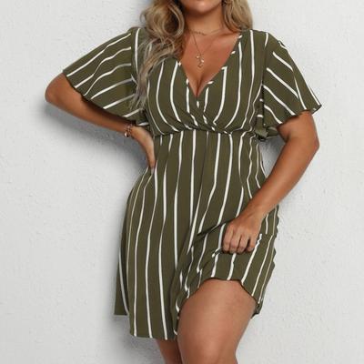 Женское повседневное платье в стиле бохо больших размеров, с коротким рукавом, V-образным вырезом, свободной талией, в полоску