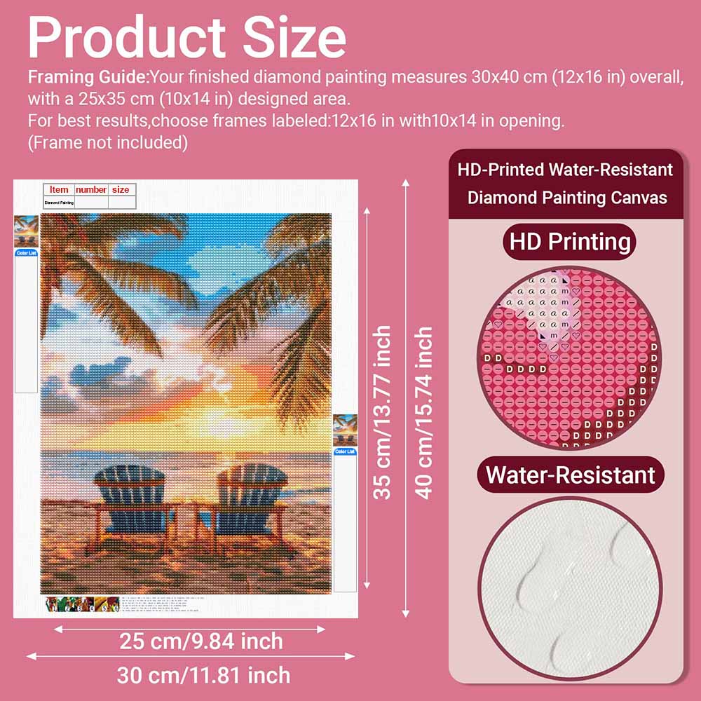 Diamond painting DIY beach sunset palm tree chairs kit for home room decoration
