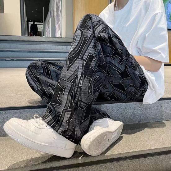 Men Pants Elastic Waist Adjustable Drawstring Wide Leg Casual Trousers with Pockets Letter Print Corduroy Pants