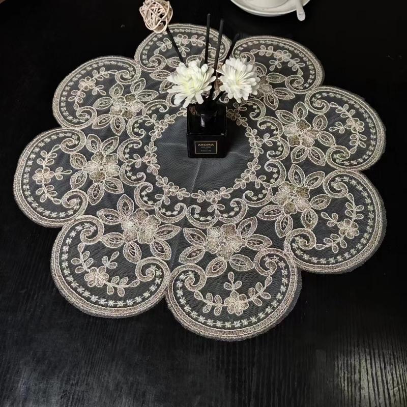 European Round Embroidery Lace Table Mat Living Room Bedroom Study Nightstand Cover Cloth Coaster Fruit Tray Kitchen Decoration