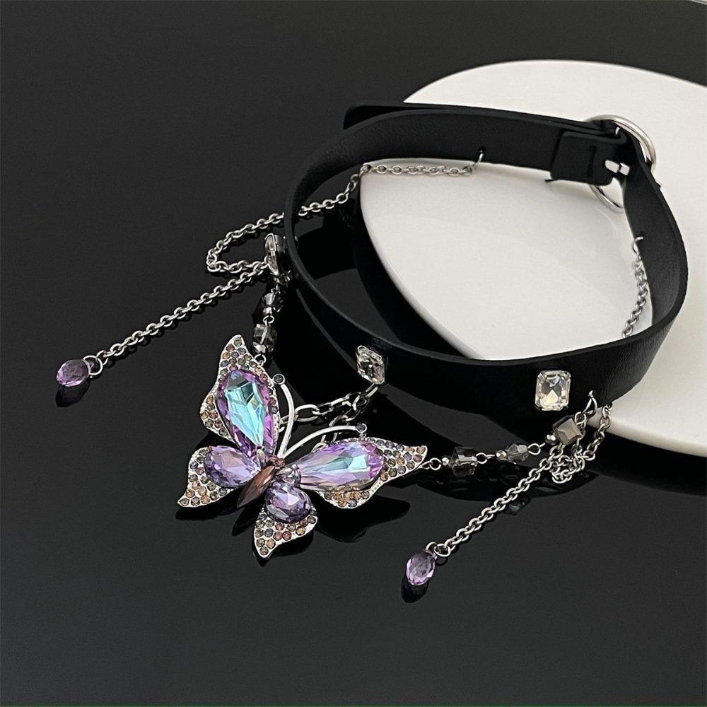 Crystal Butterfly Pendant Necklace Belt Twined Women Accessory Punk Gothic Metal Choker Ladies