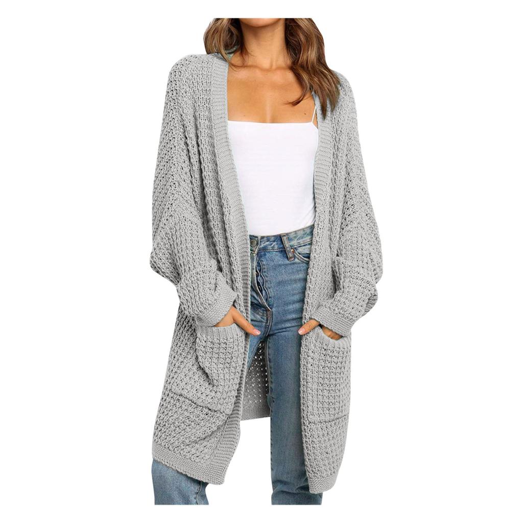 Womens Patchwork Cardigan Long Sleeve Open Front Knit Sweaters Coat Pockets