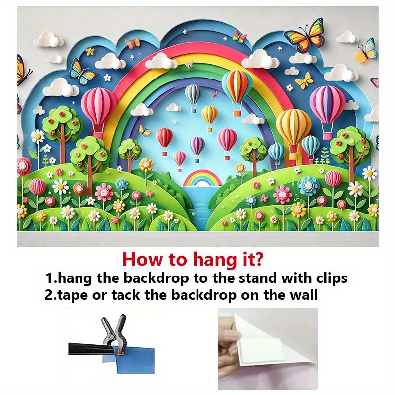 Colorful displays whimsical rainbows and hot air balloon background banners rainbow party decorations
