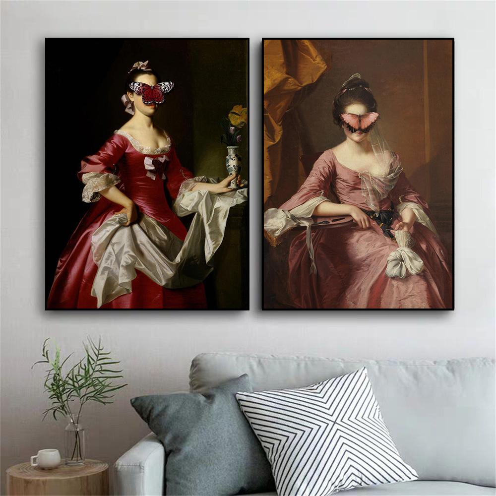 Retro Poster Madame Butterfly Prints Blue Satin Dress Women Portrait Oil Painting Victorian Art Canvas Painting Gallery Decor