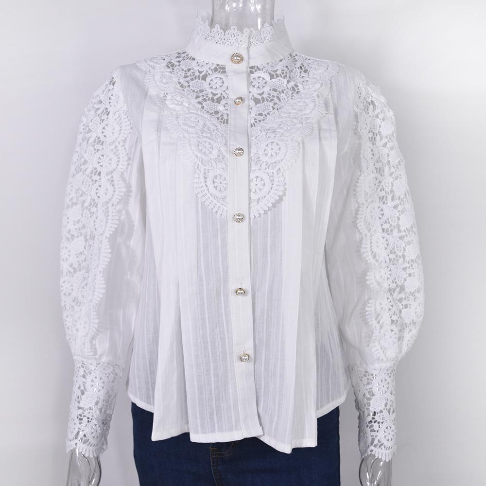 2023 Summer Lace Hollow Long-Sleeve Stand Collar Cotton Women's Shirt