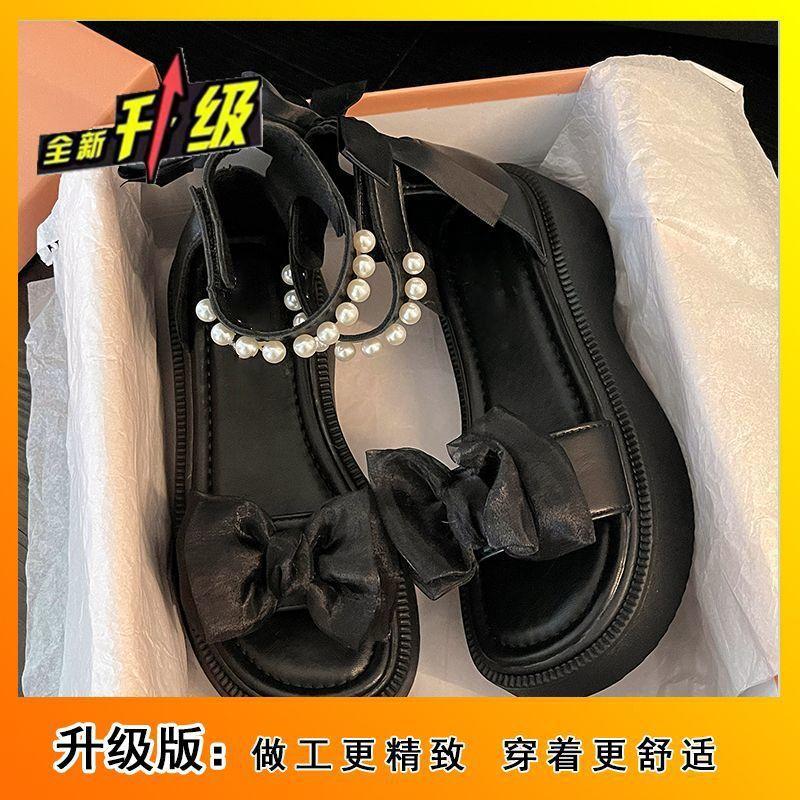 Сандалии на плоской подошве женские лето 2025 новые сказочный стиль платформа маффин бант французские с юбкой жемчуг римские туфли