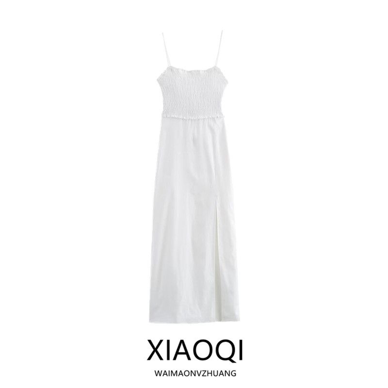 2024 Summer New Honeycomb Plaid Stretch Chest Linen Blended Split White Suspender Dress 3194729