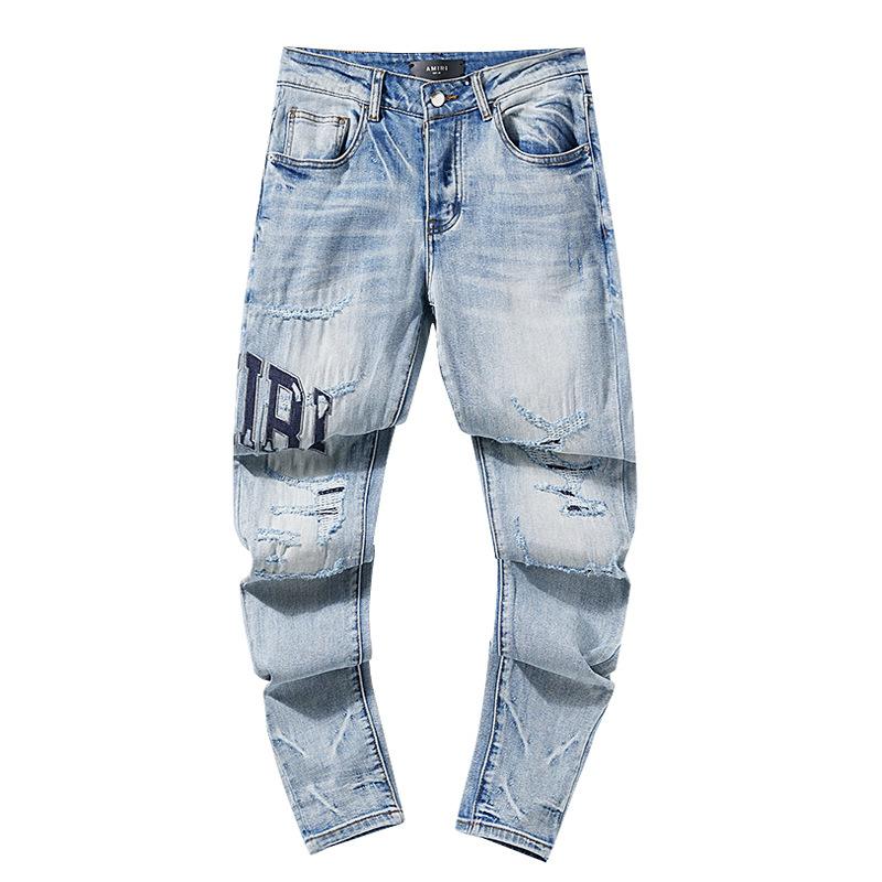 Fashion American High Street Hole & Patch Trendy Retro Straight Ami Denim Pants