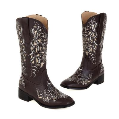 Европейские и американские ретро остроносые женские туфли вышивка этнический стиль высокий голенище толстый каблук модные ботинки мужские ботинки