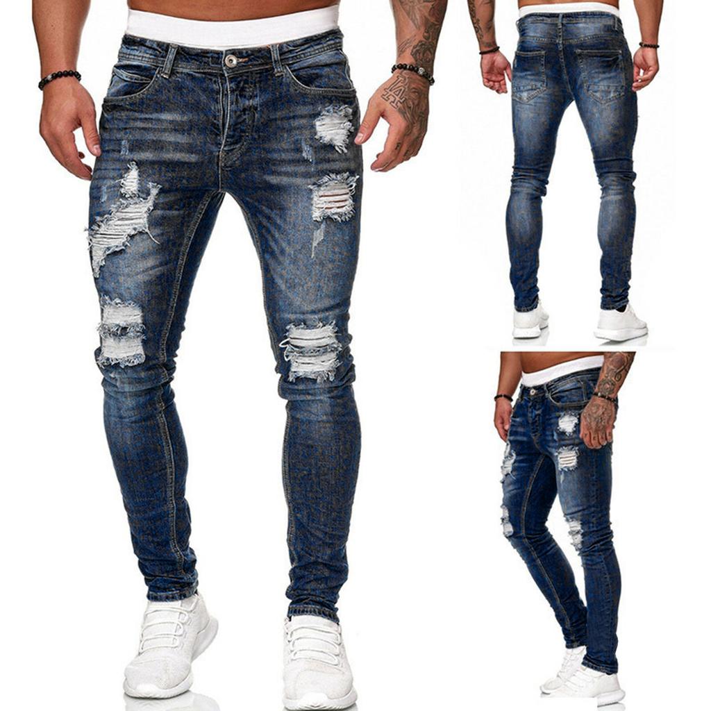 Men Jeans Solid Color Ripped Holes Frayed Gradient Washed Trousers