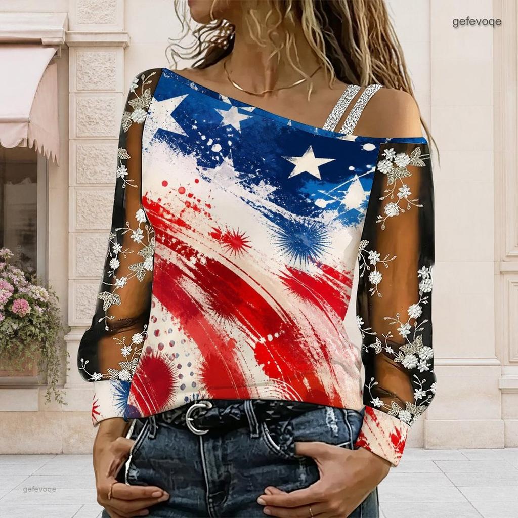 Women Plus Size Asymmetric Cold Shoulder Long Sleeve T Shirt Starry Printed Navy Blue Floral Sheer Sleeve