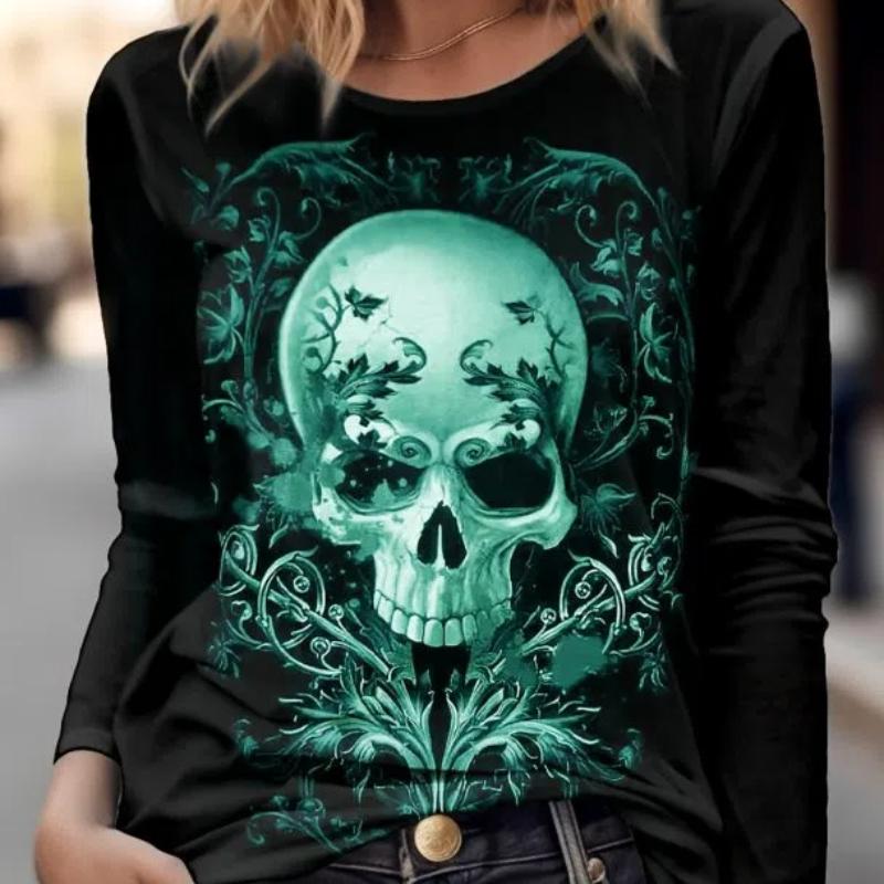 Женская футболка с длинным рукавом с рисунком черепа ужасов, топы, новинка 2023, модный топ с рисунком черепа ужасов, забавный пуловер в стиле Харадзюку