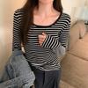Contrast Color Striped Large Round Neck Long-sleeved T-shirt for Women In Autumn New Elastic Slimming Inner Layered Shirt Top