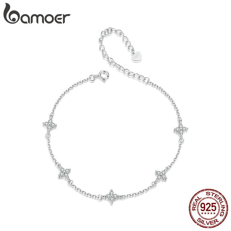 BAMOER 925 Sterling Silver Four-Leaf Clover Anklet Exquisite Sparkling Versatile Anklet For Women Fine Jewelry Party