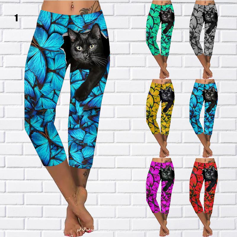 Брюки Летние желтые короткие леггинсы с бабочкой Укороченные узкие брюки Леггинсы больших размеров Женские брюки с маленькой черной кошкой Укороченные брюки для женщин 2022