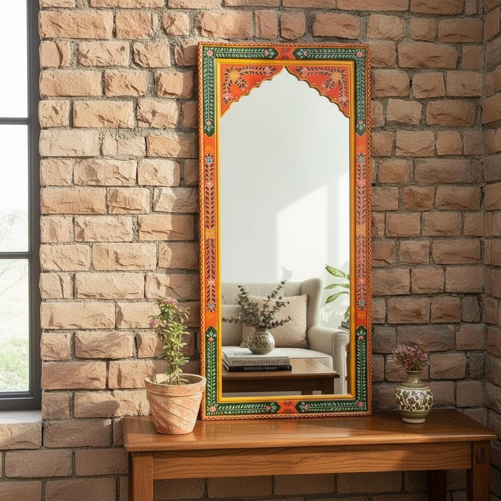 Wooden Painted Wall Decor Fram Mirror-Bedroom Mirror Home Decor Art Furniture | Wall Living Fram Decor Mirror-Indian Painted Beautifull Fram