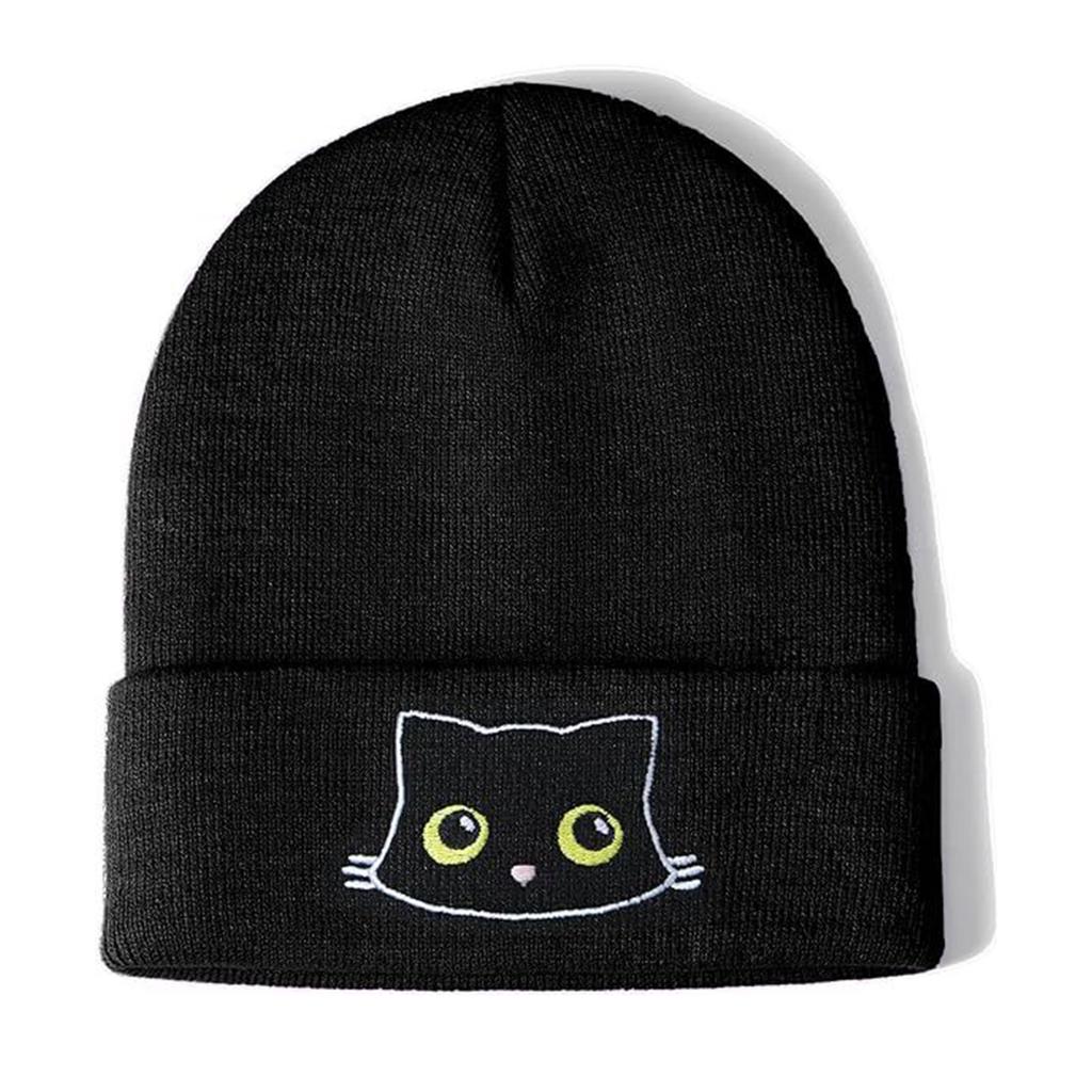 Knit Skull Hat with Embroidered Lovely Kitten Hat Knit Caps for Unisex Pullover Cartoon Hat Embroidered Skull Caps